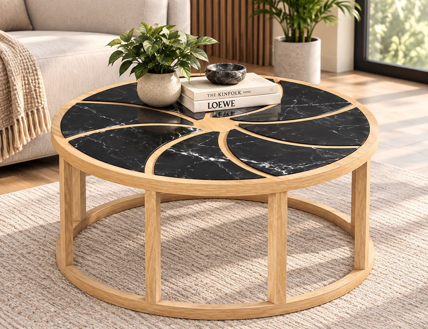 Marble-Inlay Round Coffee Table