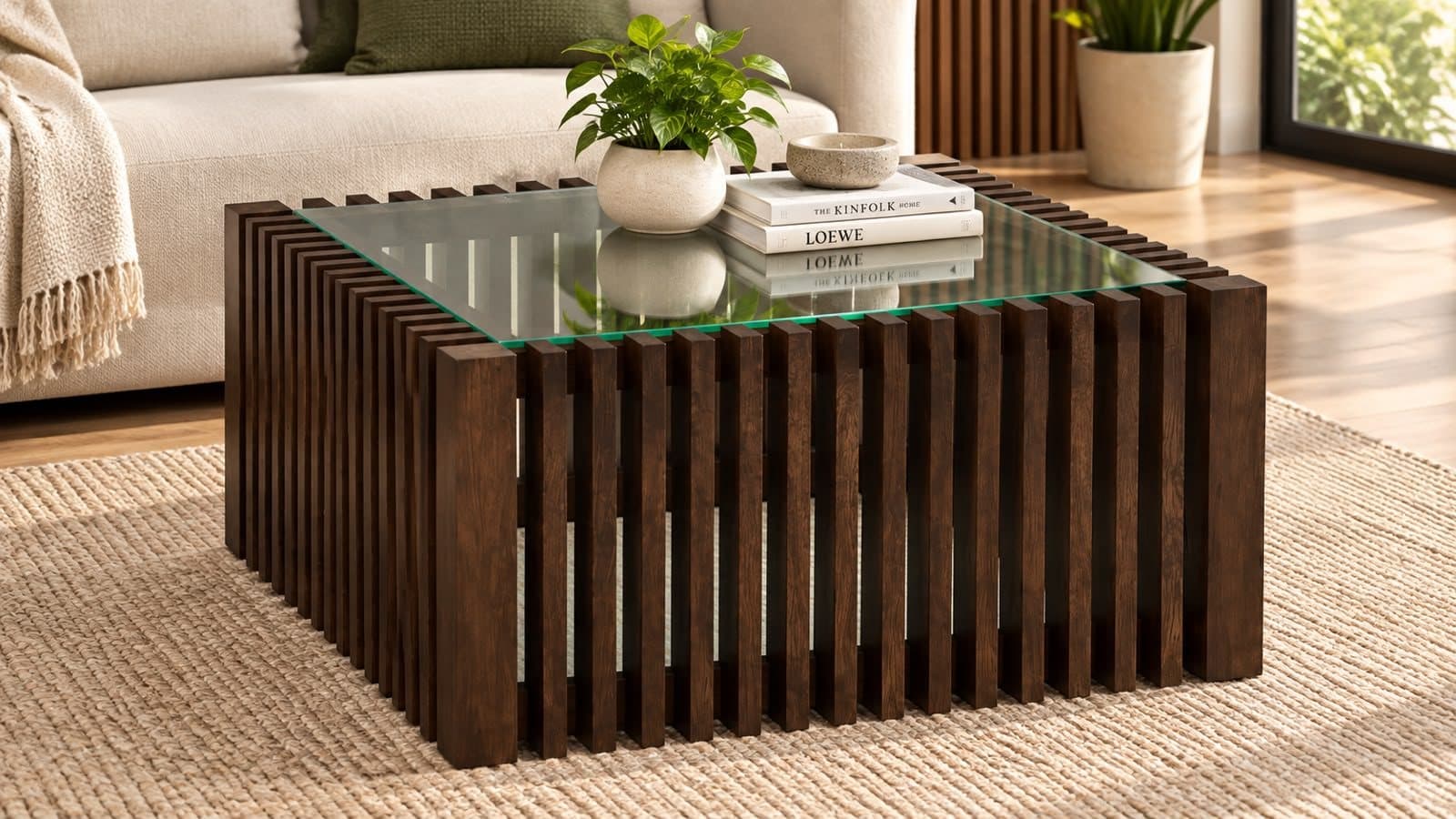 Slatted Glass-Top Coffee Table